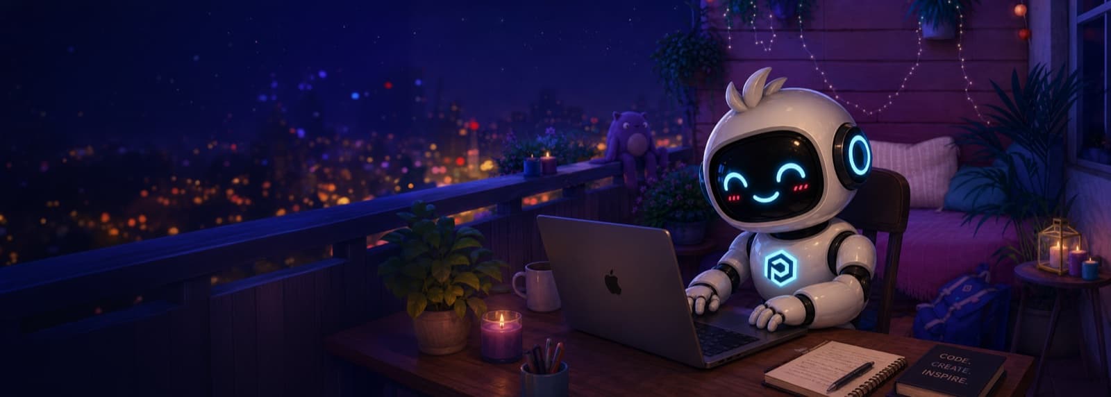 Chuck the smiling robot working at a laptop on a balcony at night